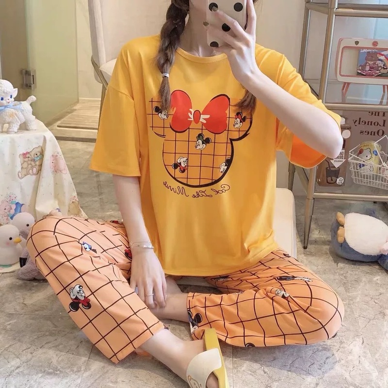 睡衣女春秋款5XL码新款短袖长裤女士印花可爱可外穿家居服套装|undefined