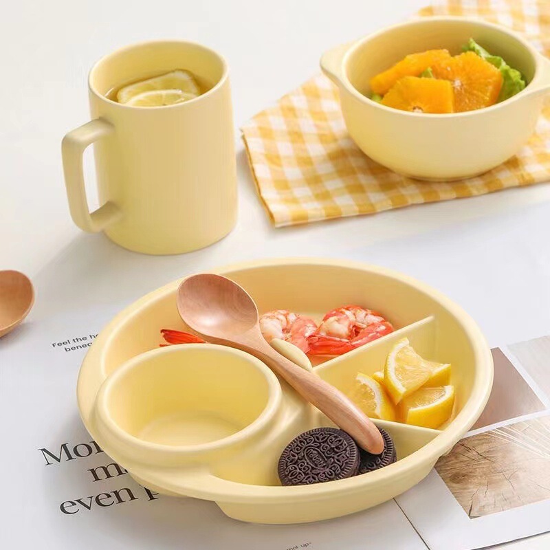 Korean-style ins Dielectric Fat-reducing Dinner Plate for One-person Household Breakfast Tableware Milk-yellow Ceramic Fat-reducing Dinner Plate Set