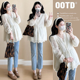 Pregnant Women's Fashion Korean 2025 Spring New Pregnant Women's Korean V-neck Lace Pregnant Women's Doll Shirt Top