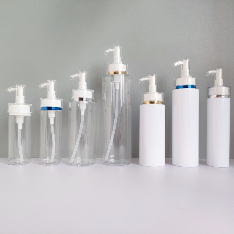 Botellas de acrílico para loción con bomba, botellas de PET de 100 ml y 750 ml, botellas de plástico blancas transparentes, botellas dispensadoras de champú, en stock.