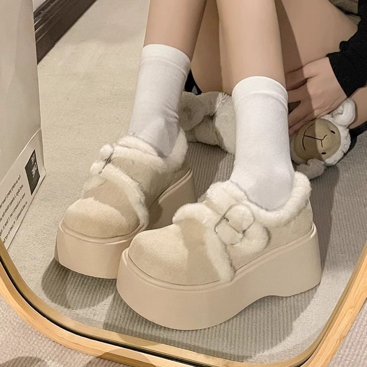 Nuevo tipo de zapatos de mujer gruesos y cómodos con falda de color sólido zapatos de tacón único y zapatos de algodón caliente de hadas