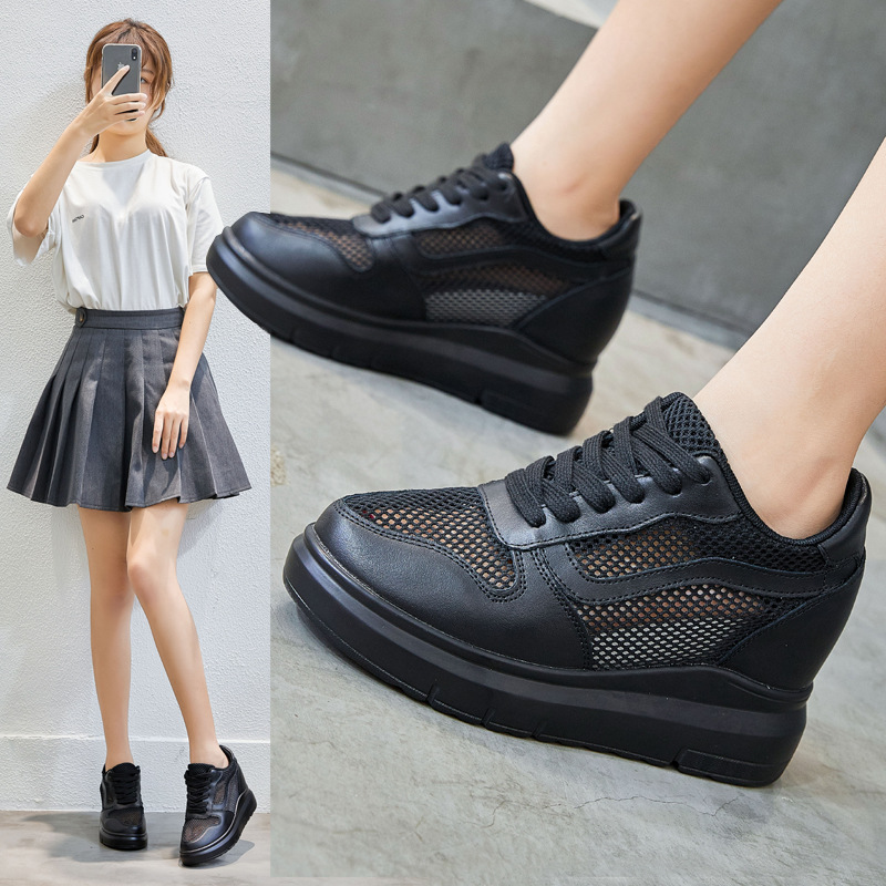 Inner Height 8cm Women's Shoes New Single Layer Mesh Hollow Breathable Black Work Shoes Small Size Women's Shoes 313233 Summer
