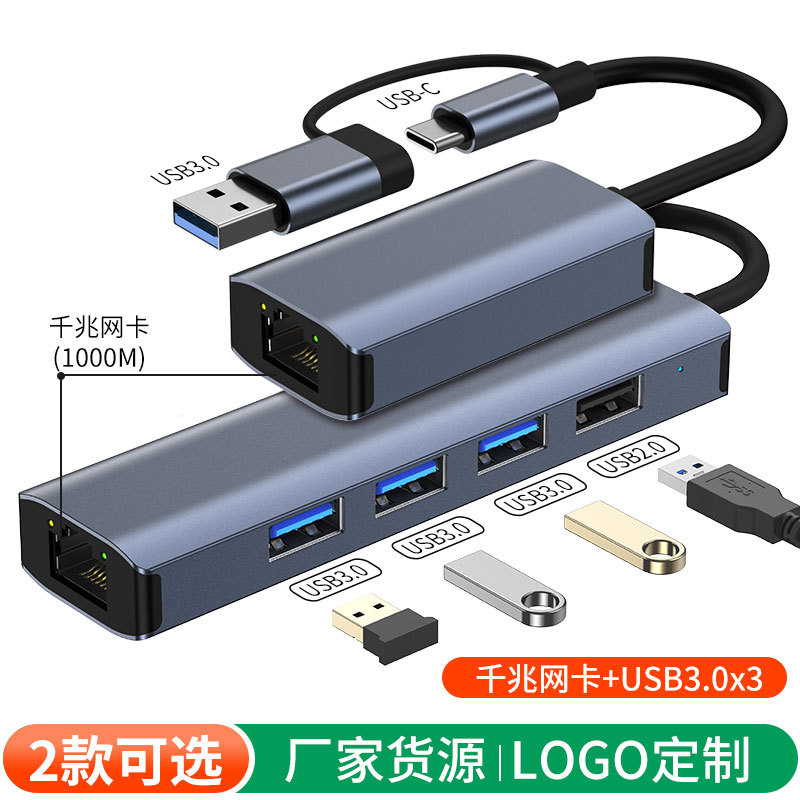 定制usb網口2合壹10個起包郵 typec轉網線轉接頭rj45免驅千兆網卡