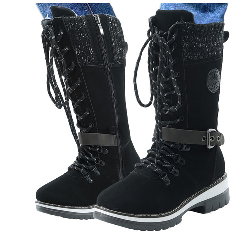 Independent station large size women round head casual women's knit leather boots with front lacing low-heeled women's shoes