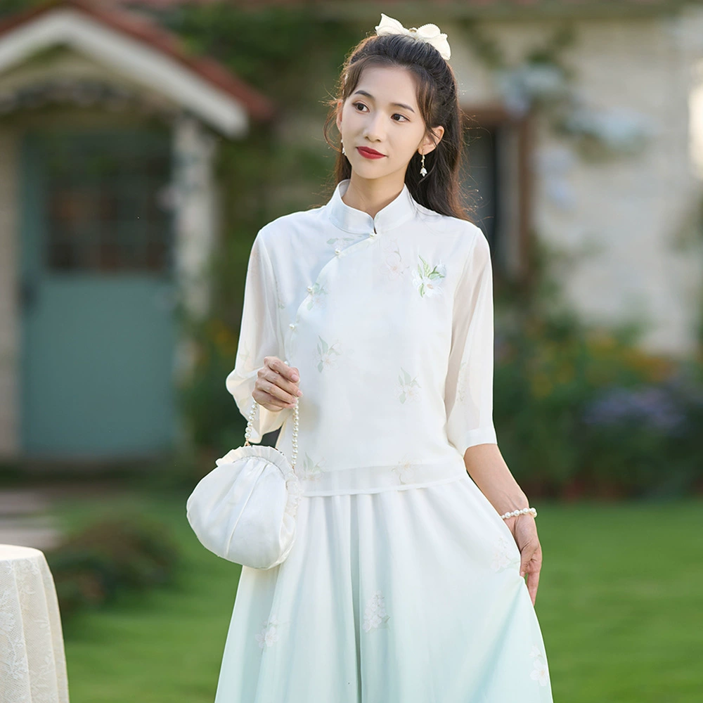 Новый китайский стиль Ретро воротник-стойка Han Element маленький свежий вышитый свободный Художественный темперамент Улучшенный костюм Тан рубашка дзен чай одежда