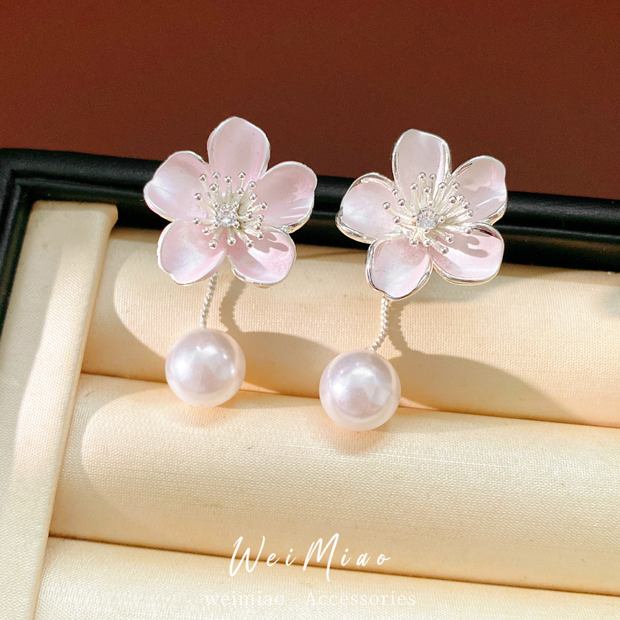 Aguja de plata zircon goteo flor perla pendientes pequeños frescos dulces accesorios de vacaciones pendientes lujosos de alta calidad pendientes