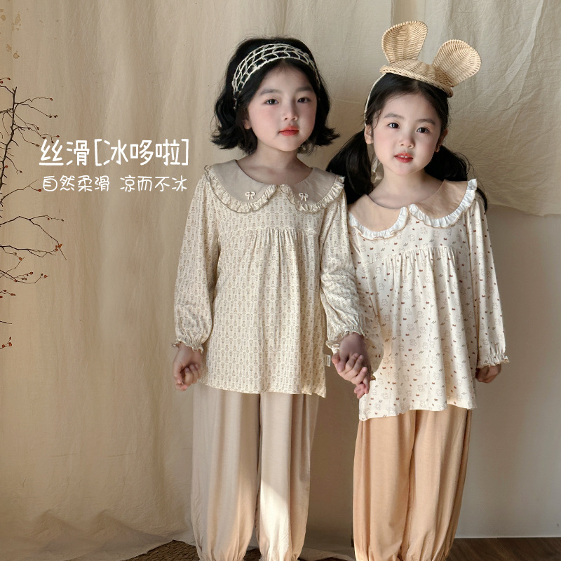 Girls pajamas nightgown 2025 summer new babysome cute ice silk lace collar home clothes nightgown