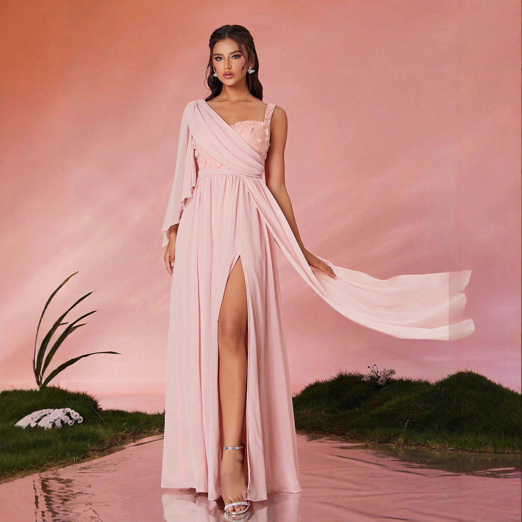 Amazon One-Shoulder Dress Long Design Evening Dress Slit Slim Drape Long Dress Adult Dress Wholesale