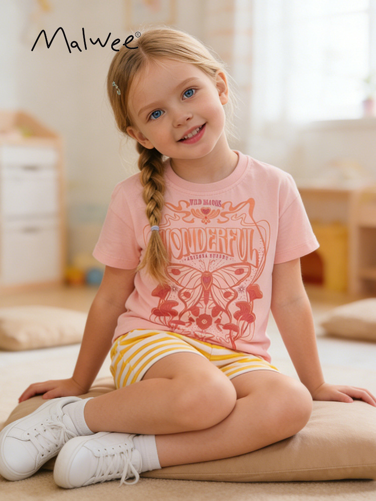 Malwee niñas transfronterizas de moda de verano nuevo estilo europeo y americano pantalones de mangas cortas para niños set de dos piezas set de ropa infantil