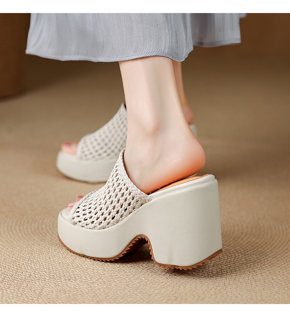 Sandal cao gót nữ hở mũi đế xuồng đan lát phong cách La Mã — màu đen, màu trắng ngà, bạc chi tiết 8