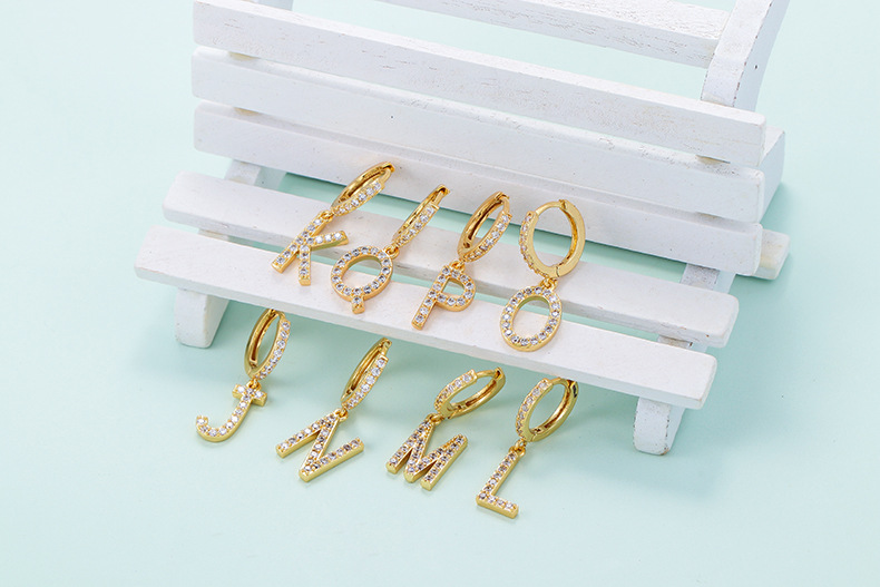 5g Weight Zircon Inlay Material Earrings Classification Anniversary, Business, Wedding, Travel, Birthday, Festival Occasion Copper Material Letter Pattern Women'S Gender Inlaid Zircon Design Fashion Style Gold Color Fashion New Zircon 26 English Letters Single Earrings 5