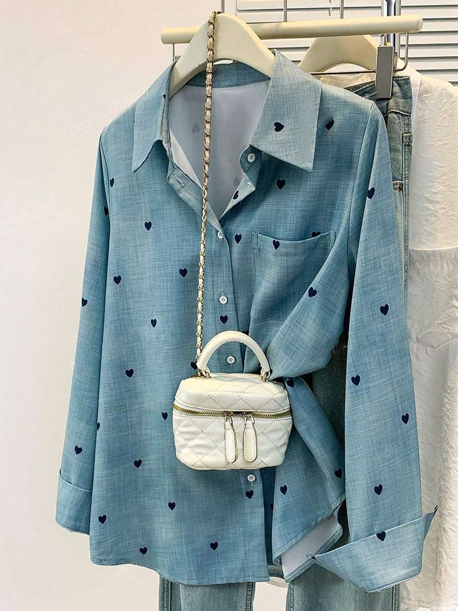 Elegant Long-sleeve Blouse With Polo Collar And Digital Print_voghion.com
