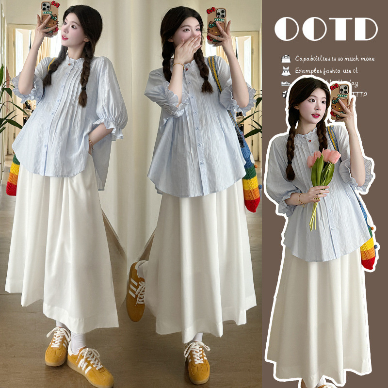 Maternity 2025 Summer Japanese Style Puff Sleeve Loose French Style Elegant Doll Collar Shirt White Overskirt suit