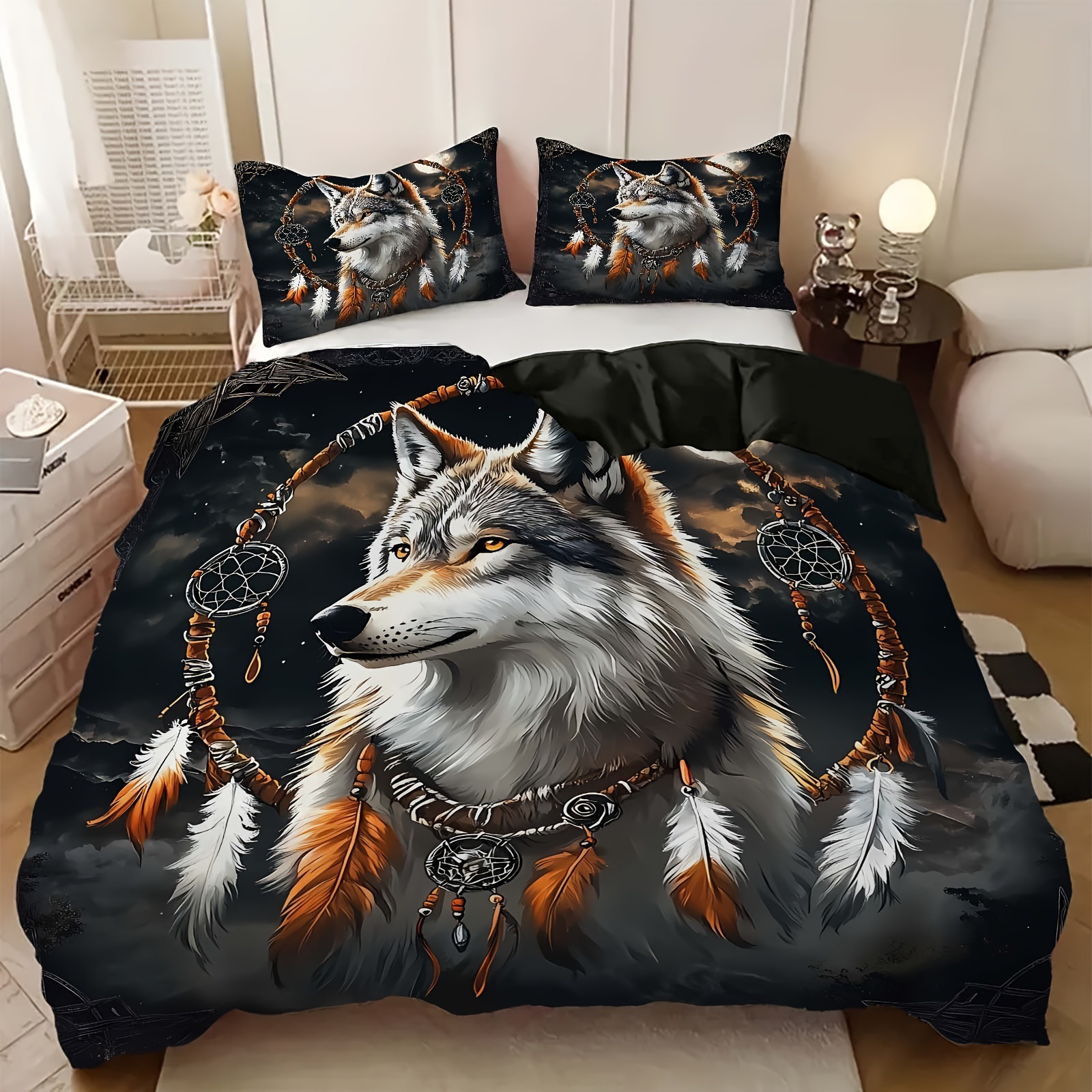 TEMU / JIT transfronterizo impresión digital abrasión edredón kit tridimensional animal lobo blanco estilo textil para el hogar dibujo puede hacer