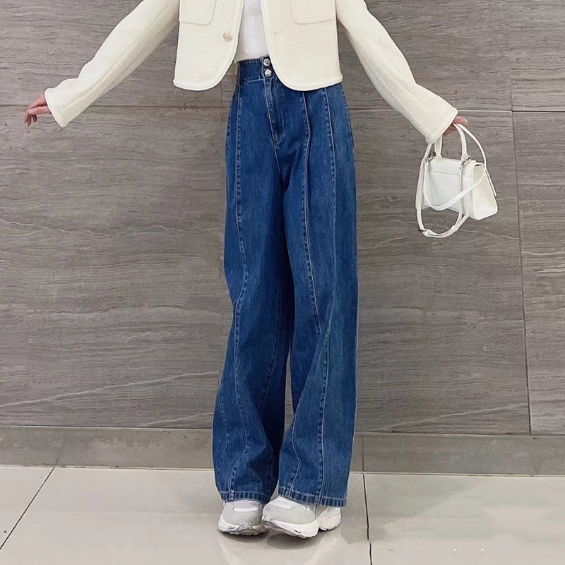 Quần jean nữ ống rộng cạp cao dáng chuối xếp ly denim dễ phối — Màu xanh lam chi tiết 6