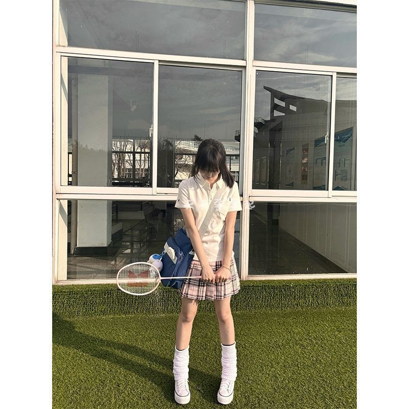 学院风格裙刺绣白色POLO衫翻领JK短袖原创日系夏季爆款制服套装
