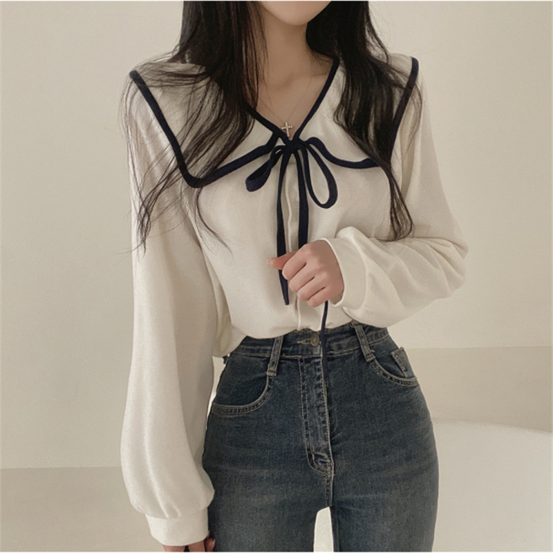 한국 CHIC2024 초기 봄 새로운 디자인 시대를 줄이는 젠틀 보우 레이스 업 인형 칼라 셔츠 탑