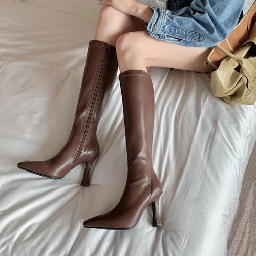 Pointed toe tall slim boots elastic stiletto European and American no-knee high-heeled boots for small people women's boots slimming boots