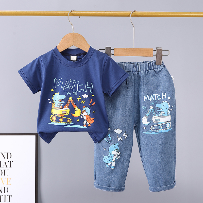Summer 2024 new 0-5 years old children's suit cartoon car animal crew neck short sleeve jeans two piece cotton