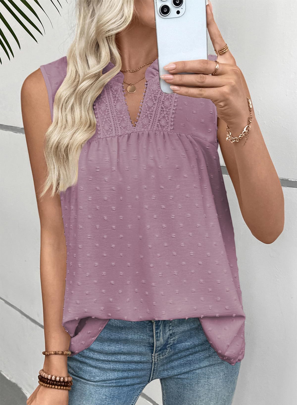 Women's Swiss Dot Lace Trim Sleeveless V-Neck Blouse, Relaxed Fit Breathable Top For Casual & Office Wear_ecoleips.com