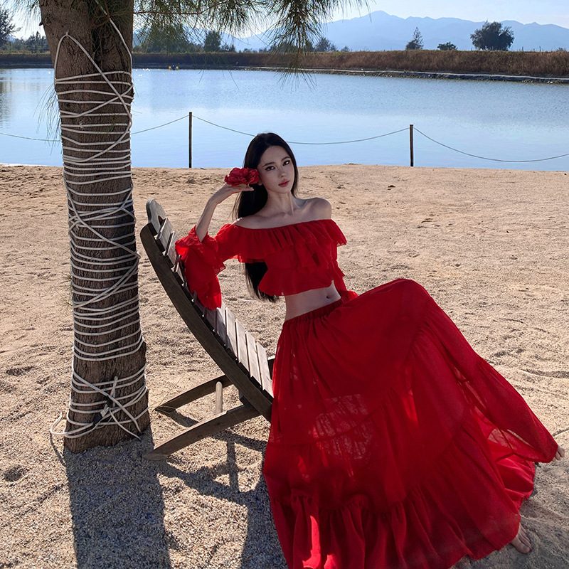 Beach Resort Style Dress, Red Two-Piece Ruffled Long Dress Beach Resort Style Dress, Red Two-Piece Ruffled Long Dress
