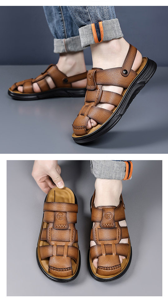 Dép sandal nam cỡ lớn mũi kín đế dày, giày đi biển kiêm dép lười đa năng — Màu nâu, màu vàng, màu đen chi tiết 24