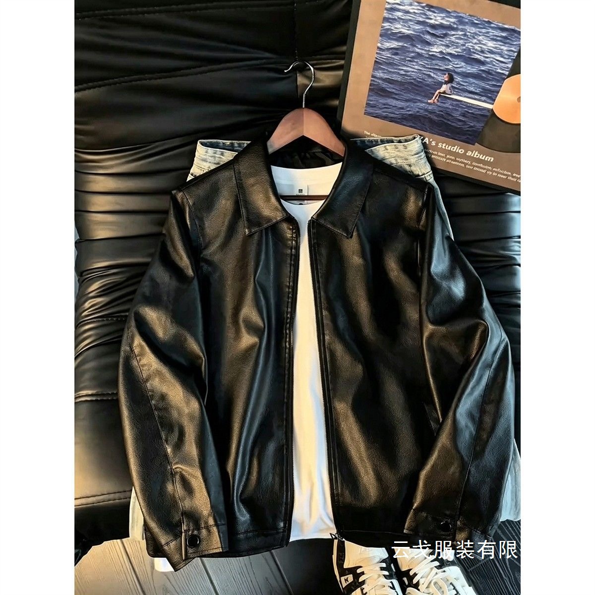 新款秋季新款黑色感翻领皮衣夹克男短款休闲百搭轻熟气质pu皮外套