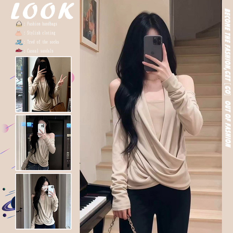 French-Style Off-Shoulder Draped T-Shirt for Women, 2025 Autumn Cross Halter Neck Faux Two-Piece Base Shirt Inner Top