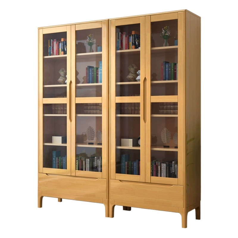 Скандинавский простой современный книжный шкаф из цельного дерева со стеклянной дверью и книжным шкафом с выдвижным ящиком