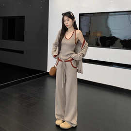 早秋韩系新款一整套盐系轻熟减龄运动休闲针织外套阔腿裤三件套女