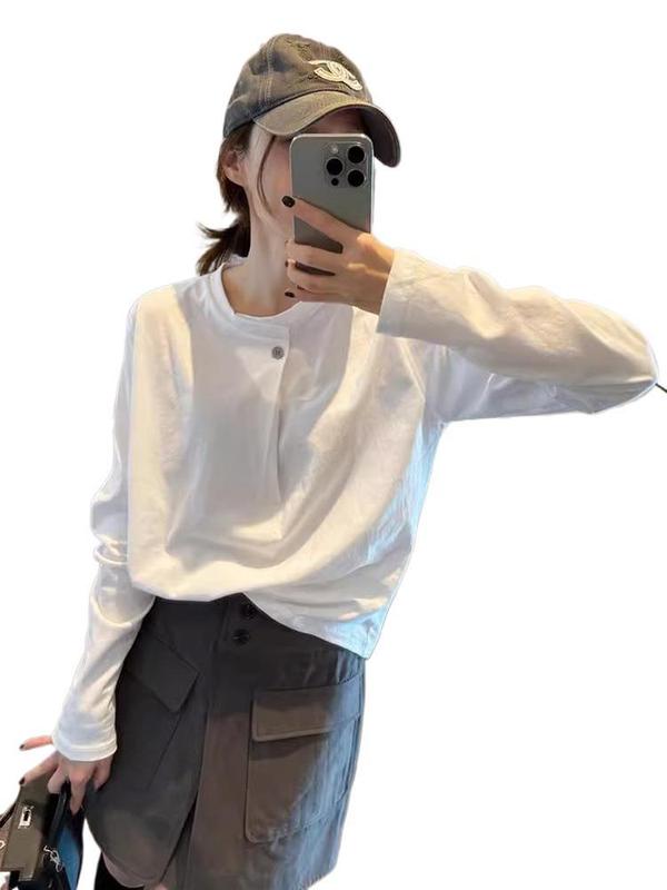 设计感小众别致长袖t恤女秋季正肩宽松白色内搭打底衫一粒扣上衣|undefined