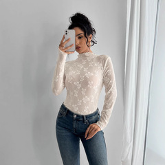 European and American cross-border spring 2025 new women's butterfly jacquard mesh slim-fitting small stand-alone long-sleeved T-shirt top