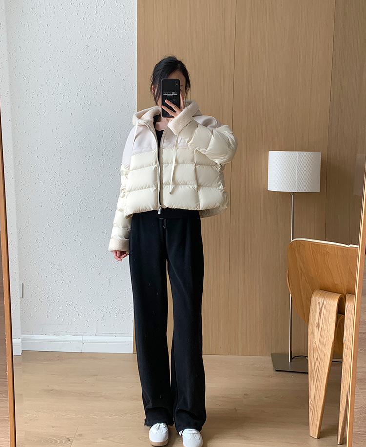 Giacca corta europea in piumino per donna stile corto cuciture colore a contrasto pelle PU leggera lusso alta qualità maglione largo 2024 nuovo inverno_voghion.com