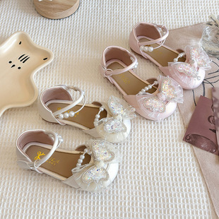 2025 Summer New Children's Leather Shoes with Bowknot, Fashionable and Stylish Girls' Shoes, Little Chanel-Style Princess Half Sandals and Flats