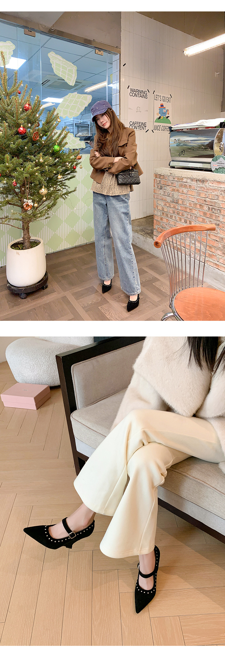 Giày cao gót nữ mũi nhọn gót 9 cm, quai ngang đinh tán, chất liệu da lộn — màu đen, màu đỏ chi tiết 10