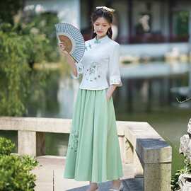 旗袍2024年新款民国风少女日常禅意茶艺服中式旗袍上衣半身裙套装