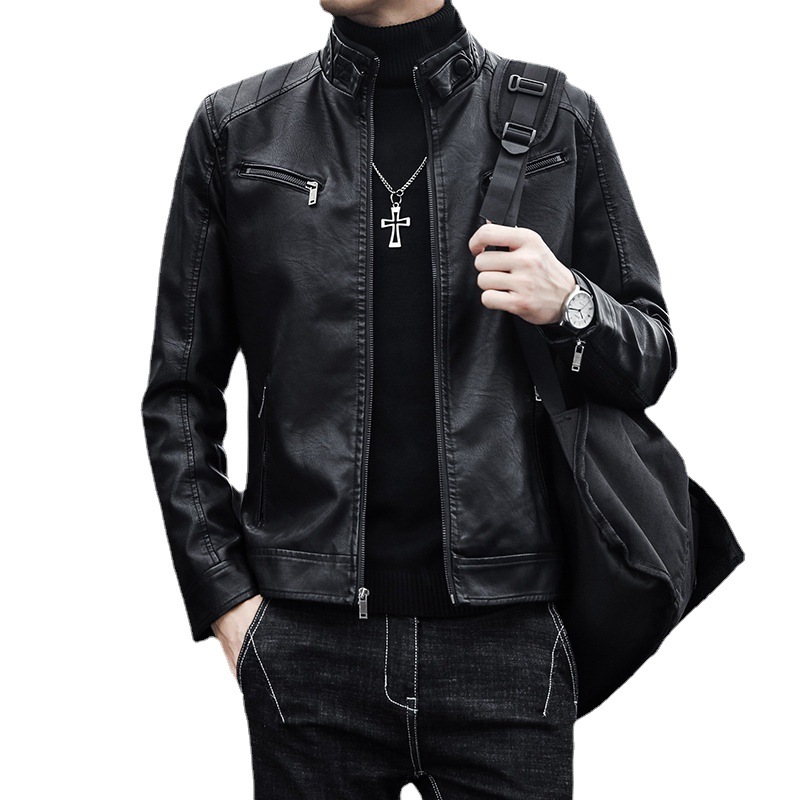 PU leather spring and autumn Korean version trendy brand slim fit casual stand collar versatile plus velvet motorcycle_ipsvogv.com