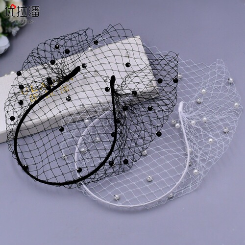 Ulapan European and American pearl veil beaded mesh headband bridal headdress short prom party accessories VA08
