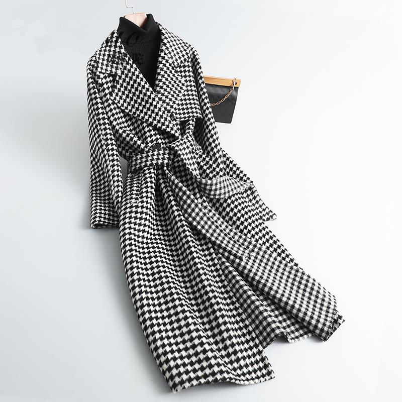 Women's Clothing mid length temperament windbreaker houndstooth autumn and winter coat loose casual retro Overcoat_voghion.com