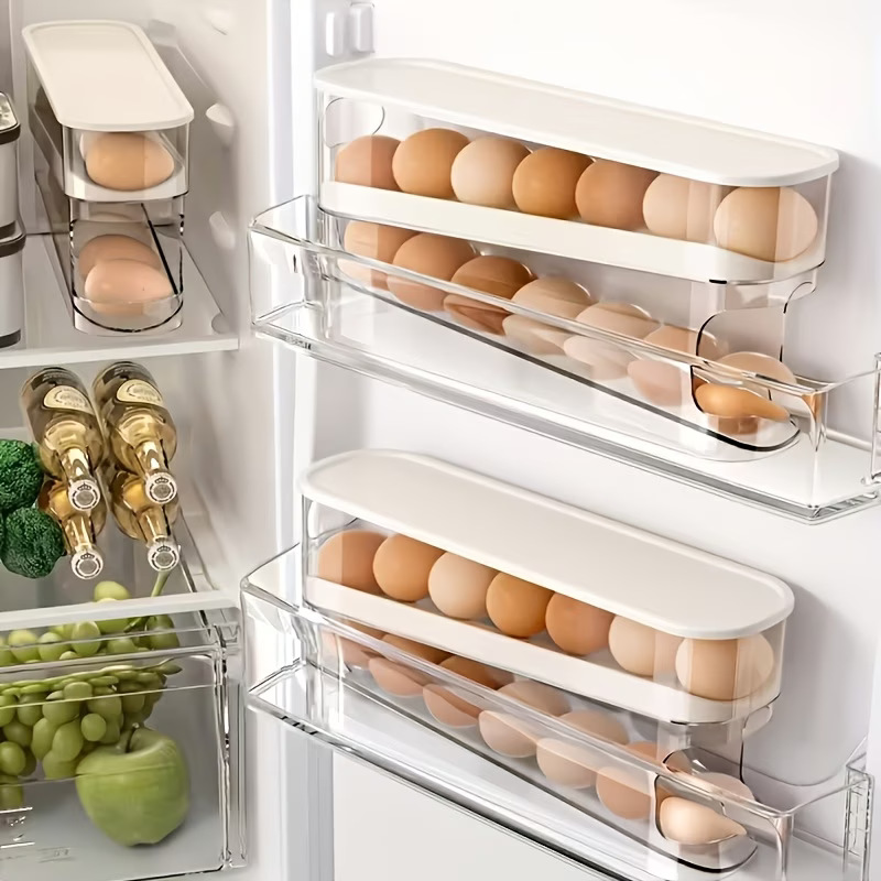 Caja de almacenamiento de huevos de refrigerador PP transparente con cubierta caja de preservación de doble capa caja de acabado de huevos tipo deslizante de cocina doméstica