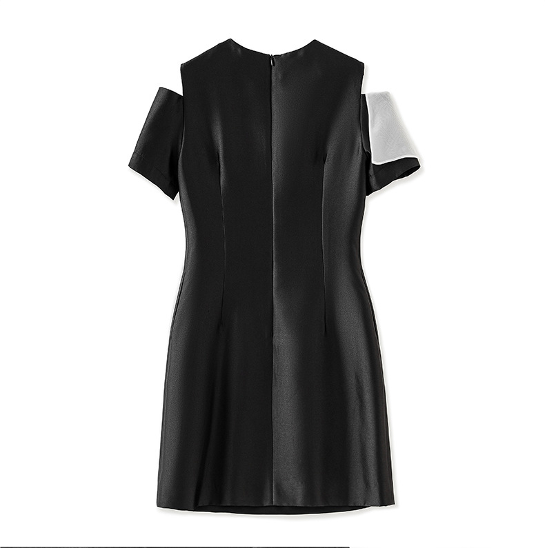Váy liền nữ lụa phối satin organza tay ngắn thắt eo — Màu đen chi tiết 14