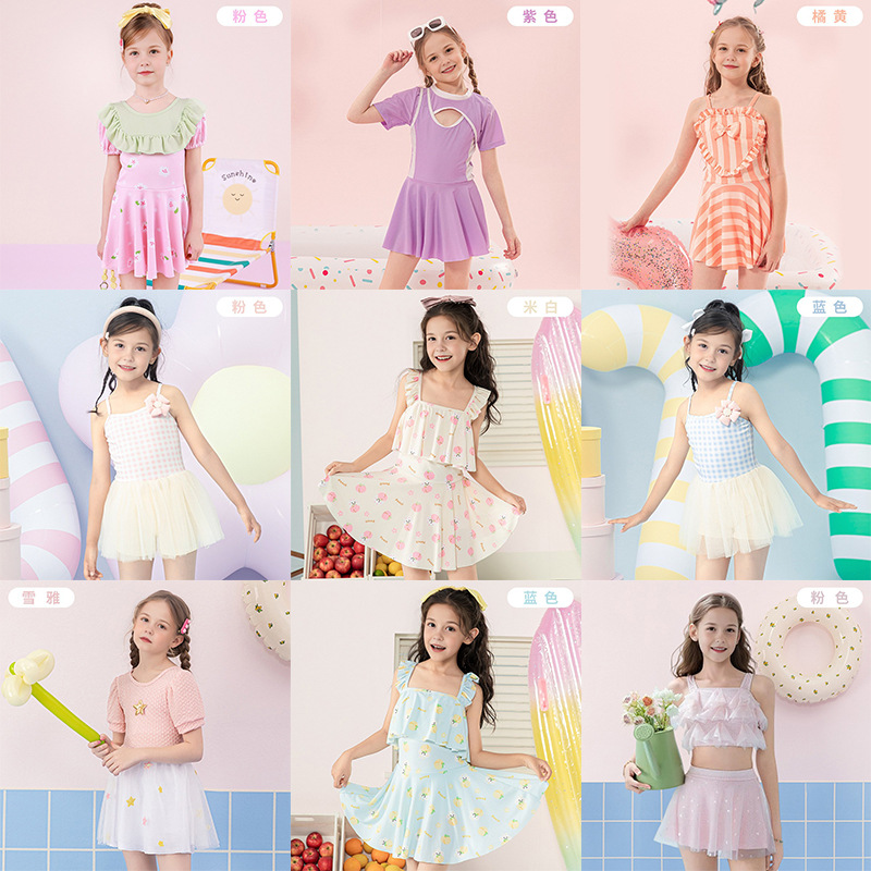 Traje de baño de natación para niños de verano para niñas, niños pequeños y medianos divididos en una pieza, linda princesa dividida, traje de baño para niñas al por mayor