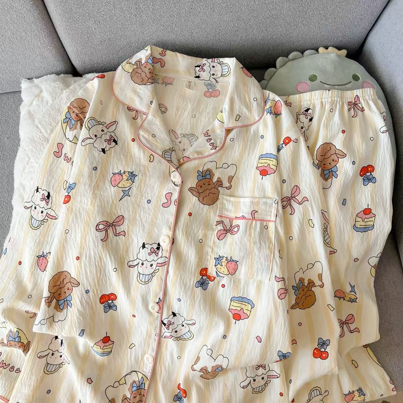2025 primavera y otoño nubes algodón camiseta de manga larga pijama de mujer encantador dibujos animados en línea viento rojo set de ropa de casa