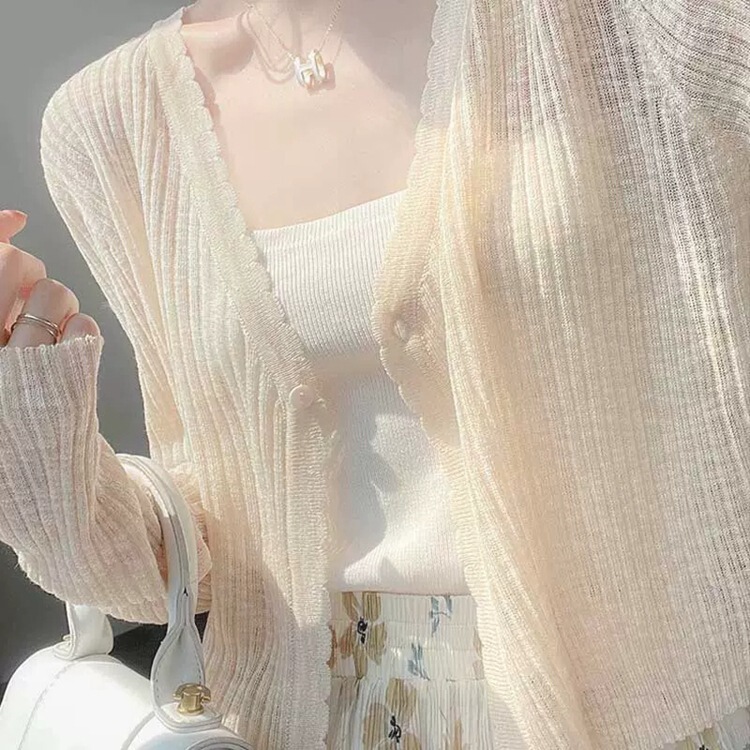 Sun Protection Cardigan for Women in Summer, Thin Outer Wear with Suspender Skirt, Shawl Blouse, Ice Silk Knitted Air-Conditioning Shirt, Short Jacket