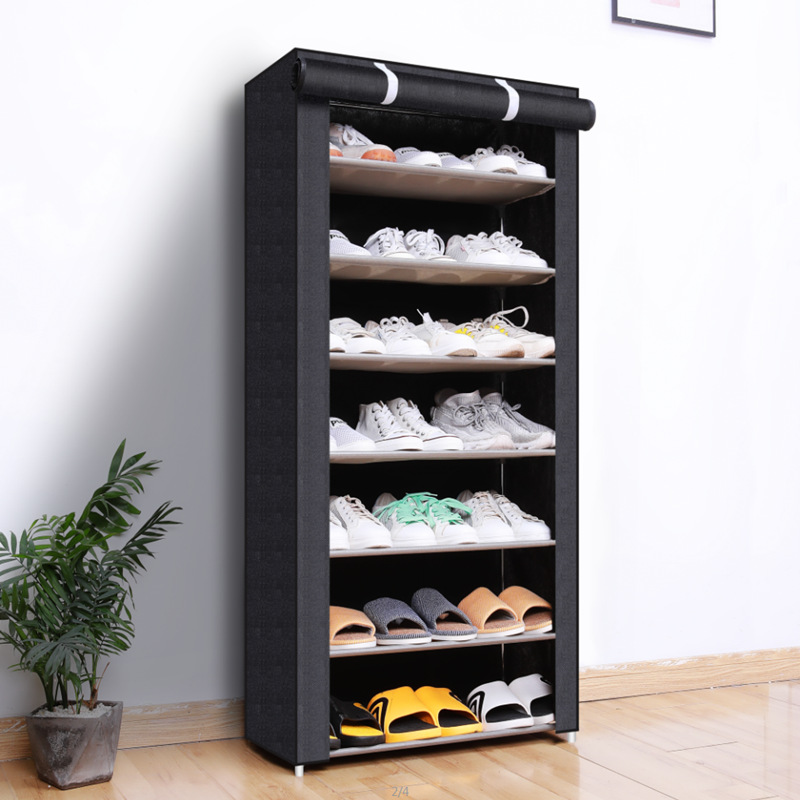 Estante de zapatos simple con cubierta a prueba de polvo, estante de almacenamiento multicapa para armario de zapatos económico, tubo de acero de puerta doméstica image 11