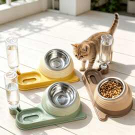 慢食碗宠物饮水器猫粮双碗防打翻水粮一体猫碗狗碗狗盆多功能双碗