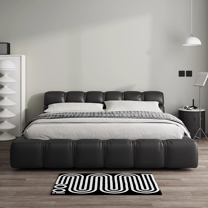 Cama de cuero italiano minimalista cama de puff negro dormitorio principal almacenamiento cama matrimonial cama doble 2 * 2.2m cama de tatami queen
