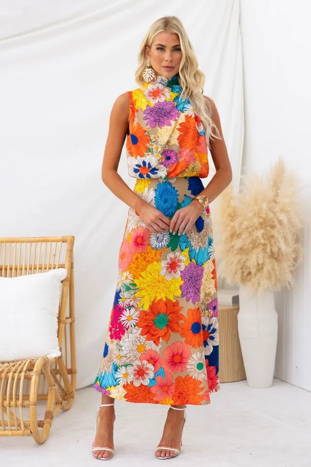 227g Weight Midi Dress Dress Length Type Wholesale Women's Vacation Flower Holiday Round Neck Sleeveless Sheath Dress