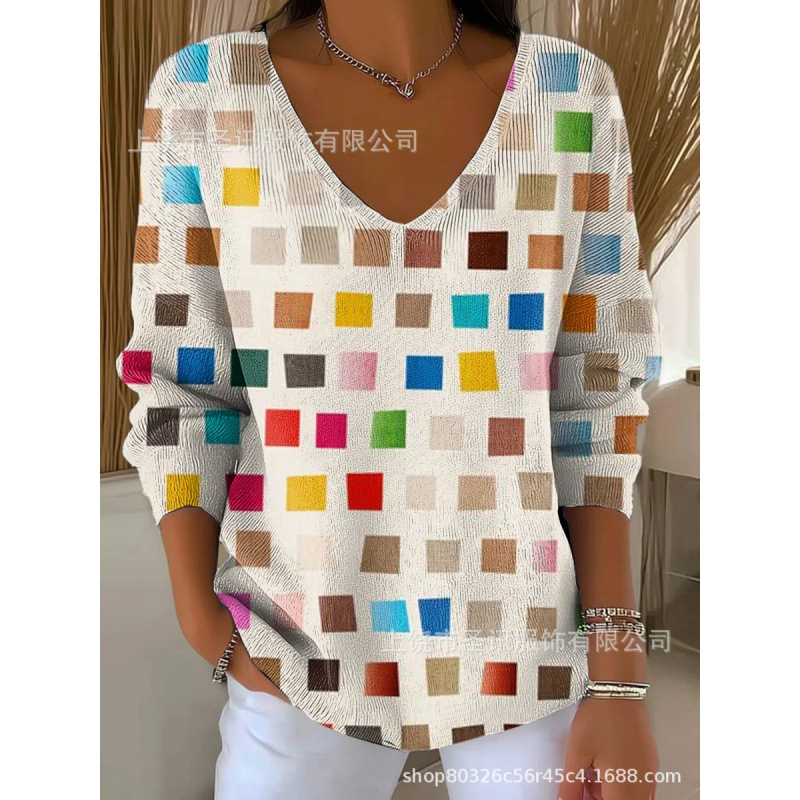 欧美跨境独立站新款3D印花女士时尚渐变色V领长袖T恤上衣|undefined