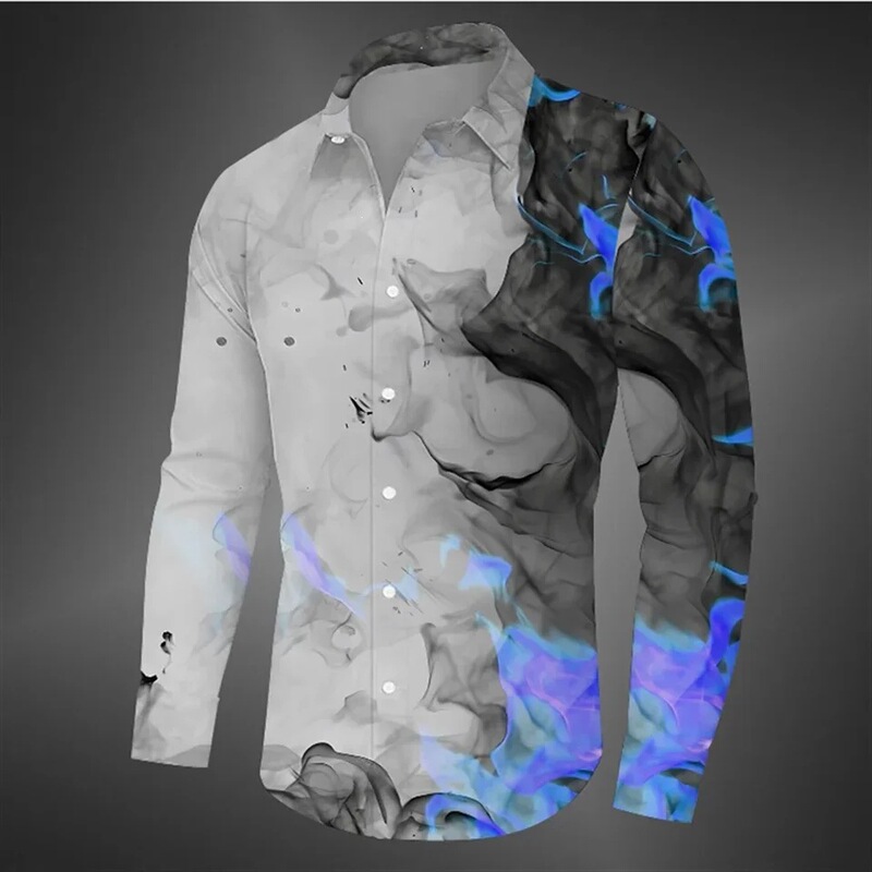 Blue and Purple Flame Smoke Digital Print Men's Long-Sleeved Shirt Trendy Personalized Artistic Lapel Cardigan Shirt Blue and Purple Flame Smoke Digital Print Men's Long-Sleeved Shirt Trendy Personalized Artistic Lapel Cardigan Shirt